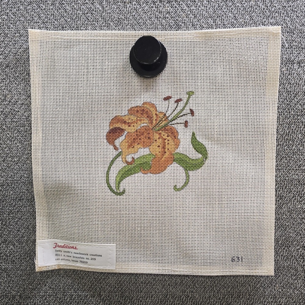Vintage Betty Smith Traditions Hand Painted Needlepoint Canvas Orange Lily #671